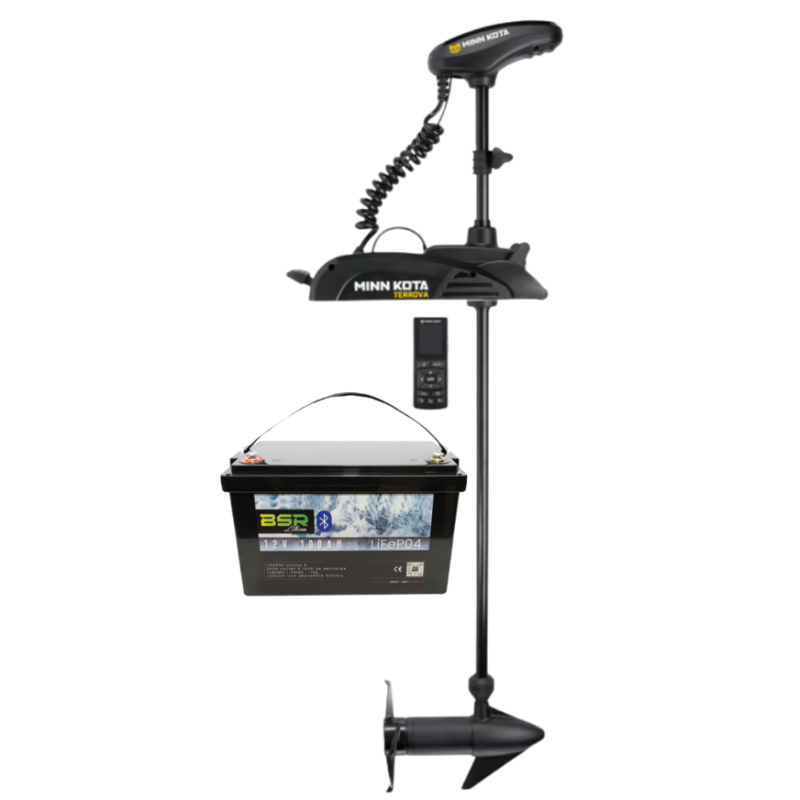Pack Minn Kota TERROVA 55 GPS - 55 Lbs - 12V - Arbre 137 cm - Sans pédale + Bac Monobloc LifePo4 12V/100 Ah + chargeur 10A
