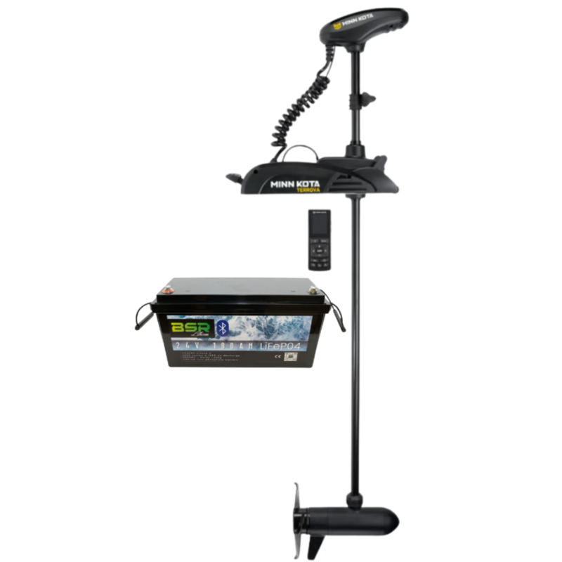 Pack Minn Kota TERROVA 80 GPS - 80 Lbs - 24V - Arbre 152 cm - Sans pédale + Bac Monobloc LiFePO4 24V/100Ah + Chargeur 10A