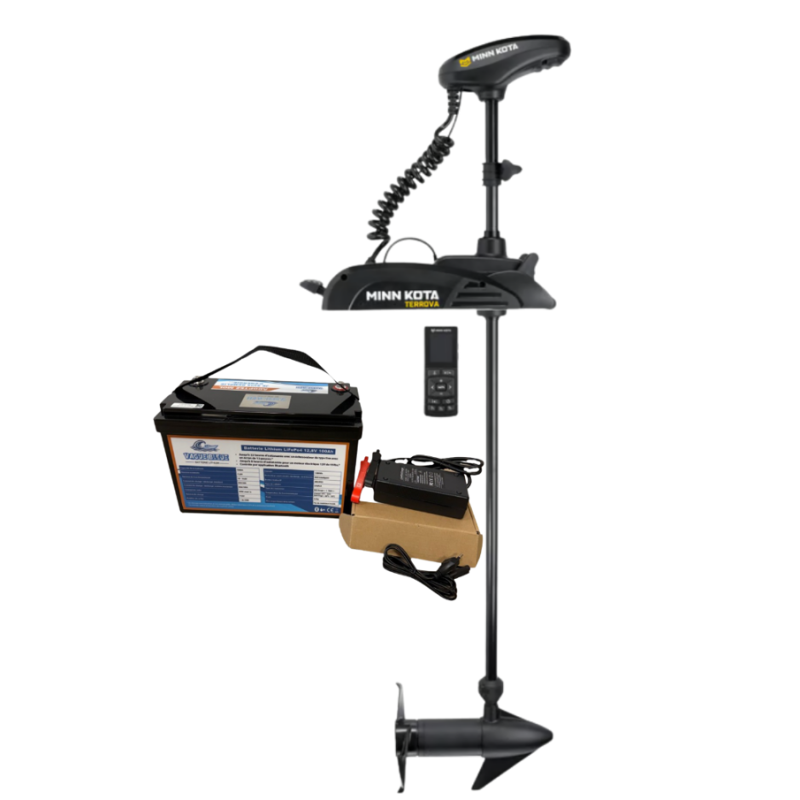 Pack Minn Kota TERROVA 55 GPS - 55 Lbs - 12V - Arbre 137 cm - Sans pédale + Batterie Lithium LiFePO4 12.8V 100Ah + Chargeur
