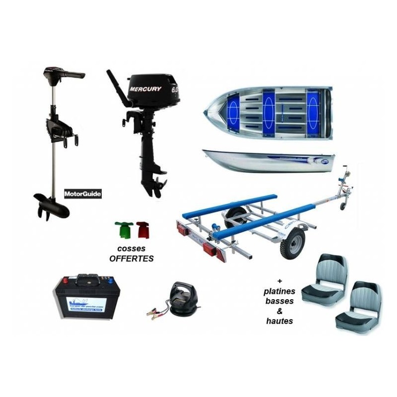 Linder 355 + remorque P1B + Mercury 6cv + moteur R3 55 + batterie + chargeur + accessoires