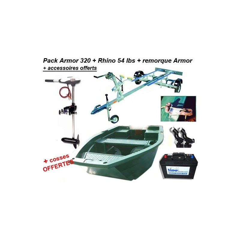 Barque Armor 320 + remorque pack plus + rhino 54 + batterie 120 ah