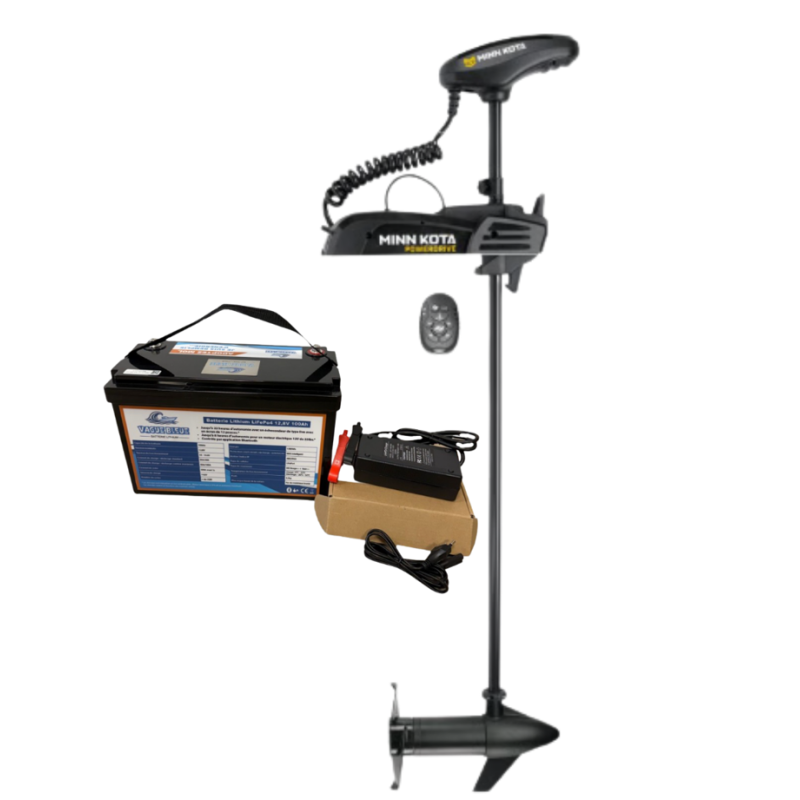 Pack Minn Kota POWERDRIVE 55 GPS/SPOTLOCK - 55 Lbs - 12V - Arbre 137 cm + Batterie Lithium LiFePO4 12.8V 100Ah + Chargeur